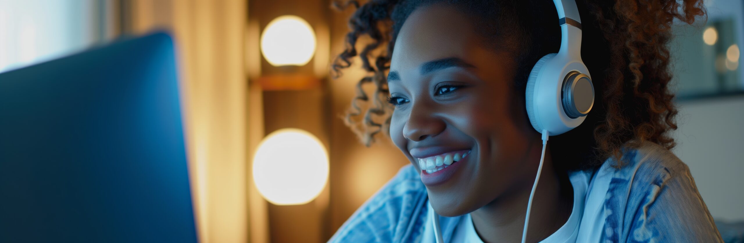 cheerful young woman with headphones using laptop cozy home setting night demonstrating relaxed productive technology use while enjoying her favorite tunes scaled